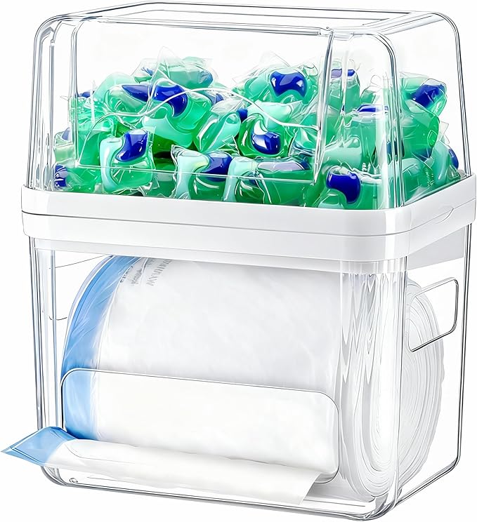 iCASA Trash Bag Dispenser Dishwasher Pod Organizer, 3 in 1 Grocery Garbage Bags Holder Storage Box Clear Laundry Room Pods Dishwasher Tab Cleaner Tablets Container Pantry Kitchen Under Sink Organizers