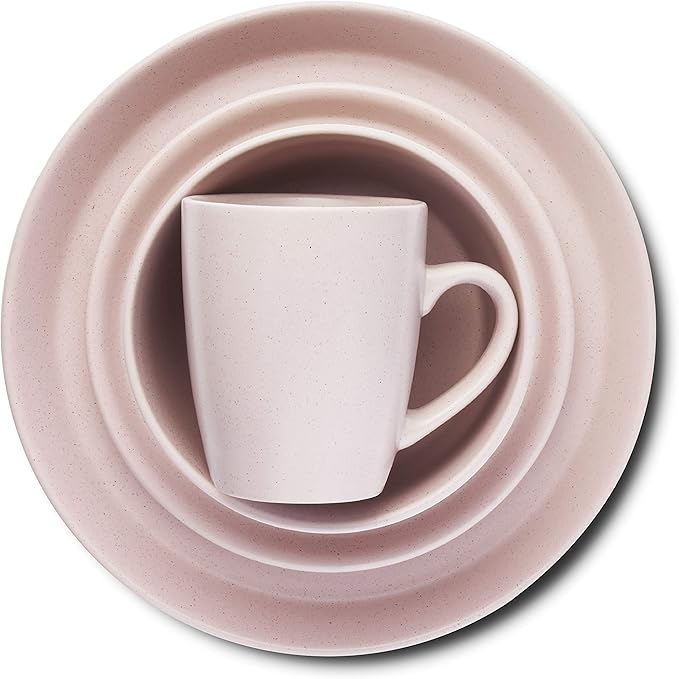 Stone Lain Albie Stoneware 16-Piece Modern Dinnerware Set, Kitchen Plates and Bowls Sets, Service for 4, Pink, Microwave & Dishwasher Safe