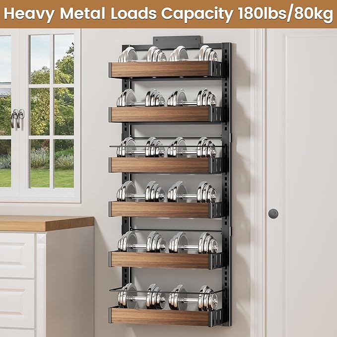 6 Tier Over The Door Pantry Organizer, 2-in-1 Door Hanging or Wall Mounted Spice Rack, Large Heavy Duty Pantry Door Storage Seasoning Shelves with Adjustable Basket for Kitchen Bathroom Closet