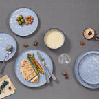 E-far 24-Piece Plates and Bowls Sets with Pasta Bowls - Stoneware Dinnerware Set for 6, Modern Ribbed Dishes, Microwave & Dishwasher Safe, Reactive Blue