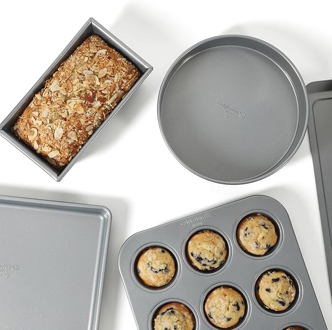 Calphalon Titan 10-Piece Nonstick Bakeware Set, Steel Core PFA-Free Nonstick Coating, Oven Safe, Includes Sheet Pans, Muffin Pan, Round Cake Pans, Loaf Pan and Cooling Rack, Silver