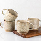 GBhome 16OZ Stackable Coffee Mugs, Ceramic Coffee Mugs with Texture Patterns for Man,Woman,Dad,Mom, Modern Coffee Mugs Set of 4 for Latte/Cappuccino/Cocoa. Dishwasher&Microwave Safe