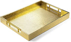 ATZYmolin 17" x 12" Wood Serving Tray with Gold Polished Metal Handles, Home Decorative Wooden Rectangle Ottoman Leather Decor Platter Bathroom Vanity Tray for All Occasions Alligator Gold