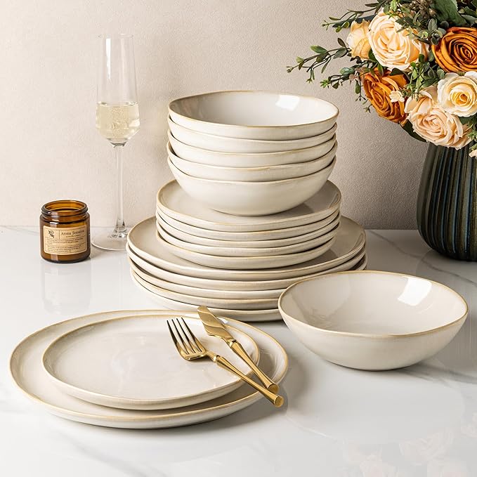 GBHOME Stoneware Dinnerware Sets for 6, 18 Pieces Rustic Ceramic Plates and Bowls Set, Handmade Reactive Glaze Plate Sets, Highly Chip Resistant Dishes, Microwave & Dishwasher Safe, Antique White