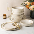 GBHOME Stoneware Dinnerware Sets for 6, 18 Pieces Rustic Ceramic Plates and Bowls Set, Handmade Reactive Glaze Plate Sets, Highly Chip Resistant Dishes, Microwave & Dishwasher Safe, Antique White