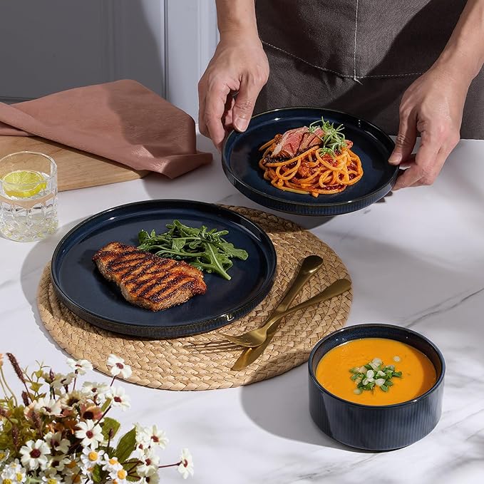 E-far Stoneware Dinnerware Sets, 18-Pieces Plates and Bowls Sets, Chip & Scratch Resistant Ribbed Dishes Set for 6, Modern Kitchen Dinning Porcelain, Dishwasher & Microwave Safe, Midnight Blue
