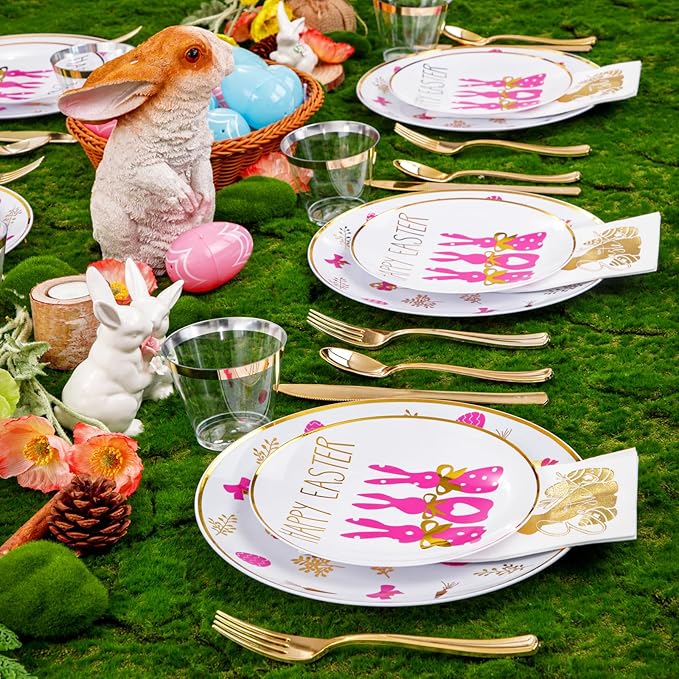 Hioasis 175pcs Easter Plastic Plates, Bunny Plastic Disposable Dinnerware Set Include 25 Dinner Plates, 25 Dessert Plates, 25 Forks, 25 Knives, 25 Spoons, 25 Napkins，25 Cups Perfect for Easter Party
