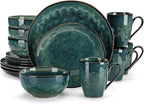 vancasso Ceramic Dinnerware Sets for 4, 16 Pieces Handmade Reactive Glaze Dishes Set, Elegant Stoneware Plates and Bowls Sets with Mugs, Dishwasher and Microwave Safe, Starry Green