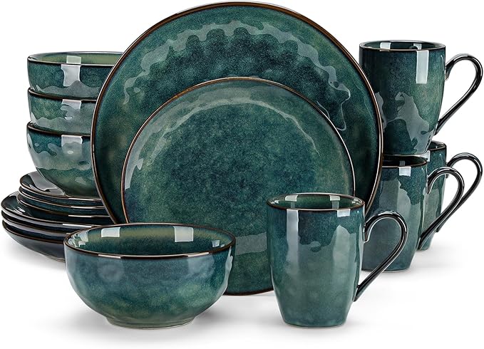 vancasso Ceramic Dinnerware Sets for 4, 16 Pieces Handmade Reactive Glaze Dishes Set, Elegant Stoneware Plates and Bowls Sets with Mugs, Dishwasher and Microwave Safe, Starry Green
