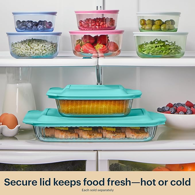 Pyrex Colors Tinted (8"x8") Tinted Glass Baking Dish with BPA-Free Lid, Oblong Bakeware Glass Pan For Casserole & Lasagna, Dishwasher, Freezer, Microwave and Pre-Heated Oven Safe, Aqua