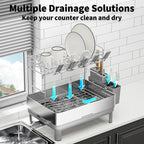 Ewaiira Dish Drying Rack, 2 Tier Large Dish Rack, Stainless Steel Dish Drainer for Kitchen Counter, Dishes Rack with Automatic Drainage, Utensil Holder&Cups Holder,Space Saving Kitchen Organizer,Gray
