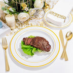 NOCCUR 700PCS Gold Disposable Dinnerware Set for 100 Guests - Include 200 Gold Dinner/Dessert Plates, 100 Napkins, 100 Cups, 300 Plastic Silverware for Wedding/Party/Thanksgiving