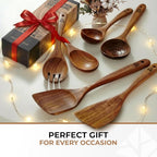 Wooden Spoons for Cooking – 6 Pcs Premium Teak Wooden Utensil Set with Hooks - Durable, Nonstick Safe, Easy to Clean & Heat Resistant with Ergonomic Handles