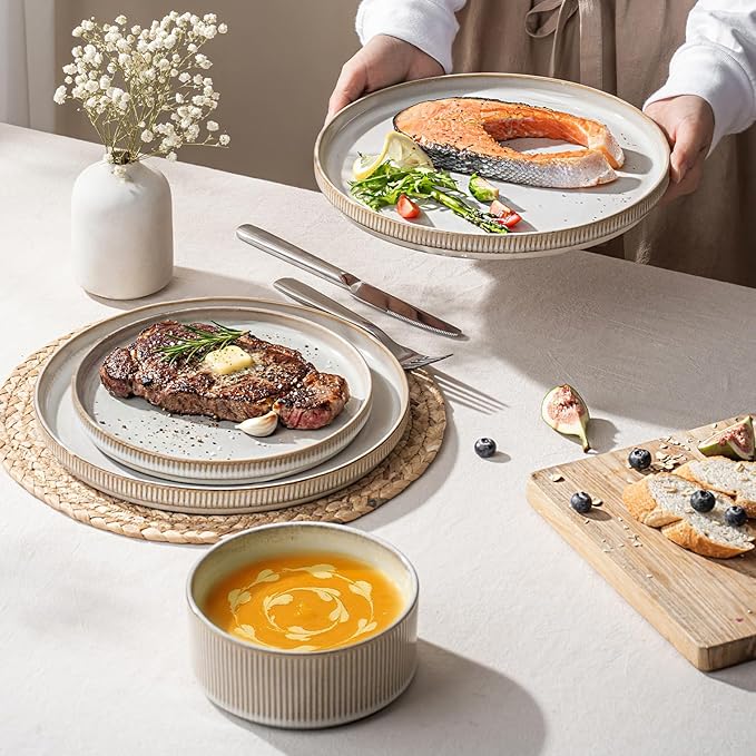 Ceramic Dinnerware Sets for 4-12 Piese Plates and Bowls Set, Microwave and Dishwasher Safe Stoneware, Ribbed Dishes and 22oz bowls, Beige