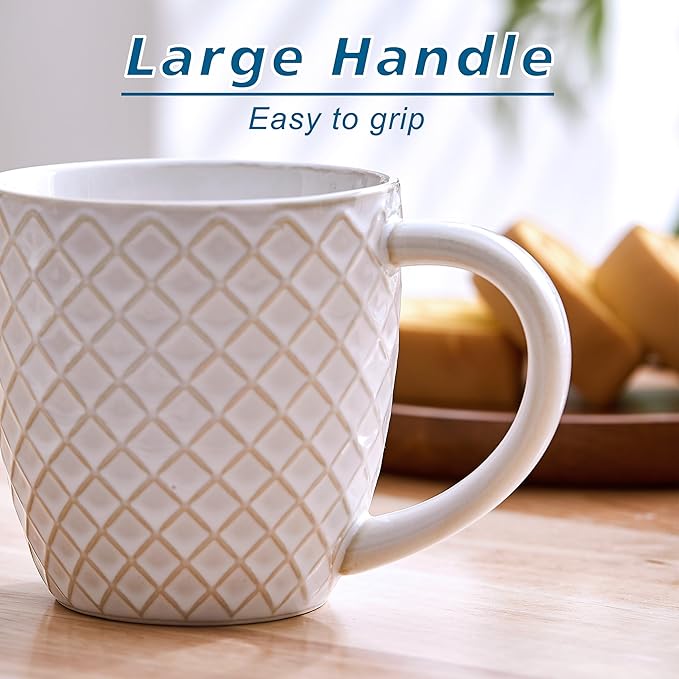 14 oz Grid Embossed Ceramic Coffee Mugs Set of 4 - White Ceramic Coffee Cups with Handle for Cappuccino Latte Tea - Dishwasher Microwave Safe Stoneware Mugs Set Housewarming Gift