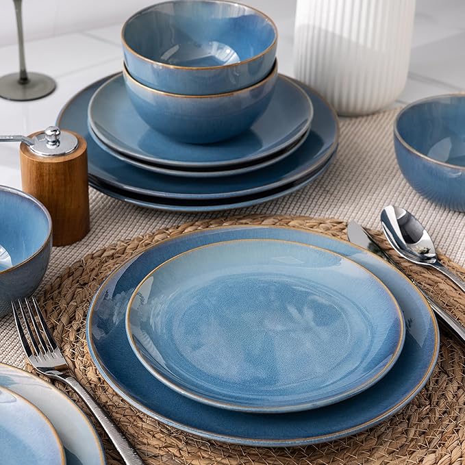 GBHOME Dinnerware Sets with Double Bowls for 6, 24 Pieces Stoneware Plates and Bowls Set, Scratch Resistant Ceramic Dishes Set, Dishwasher & Microwave Safe-Alaskan Blue