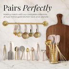 Gold and Beige Kitchen Utensils Set – 8 PC Cooking Gadgets with Mini Gold Whisk and Tongs, Pizza Cutter, Garlic Press, Cheese Grater, Peeler, Can Opener, Scoops – Stylish Beige Kitchen Accessories