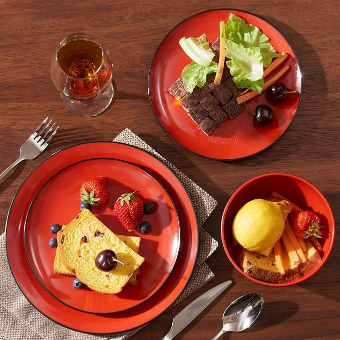 TP 12-Piece Melamine Dinnerware Sets, Plates and Bowls Dishes Set for 4, Break-Resistant & Non-Microwavable, Lightweight Dinner Plates, Matt Black and Red