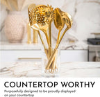 Gold Kitchen Utensils Set – 5-Piece Stainless Steel Kitchen Tools for Modern Cooking and Serving – Dishwasher Safe Ladle, Spoon, Spatula, Pasta Fork, Luxury Brass Kitchen Accessories for Home Chefs