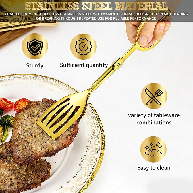 6PCS 9.8-Inch Stainless Steel Salad Tongs for Serving Heavy Duty Serving Tongs for Home Parties, Weddings, Buffets, Barbecues, Kitchen Utensils for Cake, Steak, Salad and More (6, Gold)