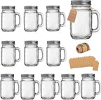 TANGLONG Mason Jar Cups, Mason Jars With Handle And Lids, Drinking Glasses Cups, Glass Mugs with Handles 16 oz –12 Pack