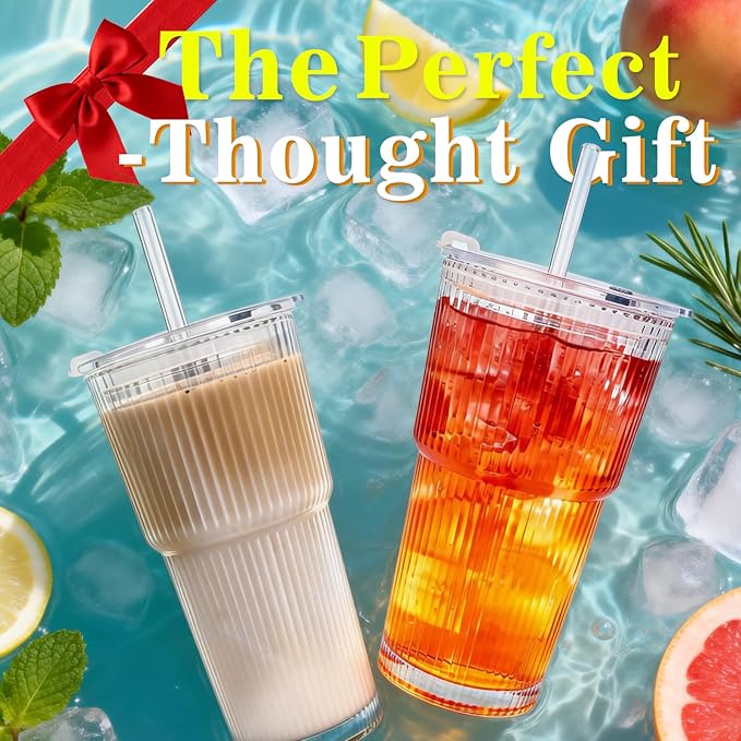 20oz Glass Tumblers with Lids and Straws, Reusable Iced Coffee Cups, Vintage Drinking Glasses, Ribbed Glassware for Whiskey Cocktail Beer, Juice, Style Glasses for Party, Gifts