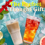 20oz Glass Tumblers with Lids and Straws, Reusable Iced Coffee Cups, Vintage Drinking Glasses, Ribbed Glassware for Whiskey Cocktail Beer, Juice, Style Glasses for Party, Gifts