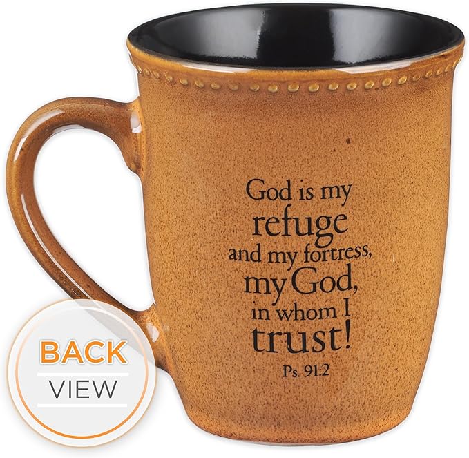 Christian Art Gifts Saddle Tan Stoneware Coffee Mug – 13 oz. Microwave and Dishwasher-safe Lead-free Inspirational Scripture Coffee and Tea Mug for Men & Women with Bible Verse: Trust – Psalms 91:2