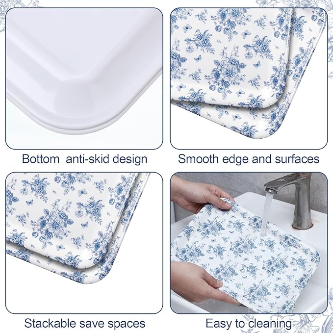 Vesici 3 Pcs Blue Floral Serving Trays 13 x 10 Inch Blue Chinoiserie Flower Melamine Platters Reusable Rectangular Serving Dishes for Wedding Bridal Tea Party Sharing Snacks Fruit Dessert Candy
