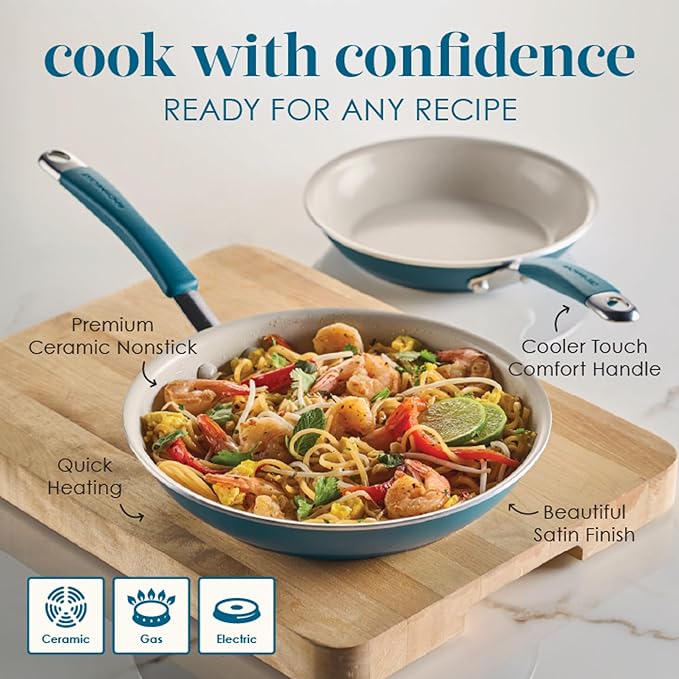 Rachael Ray Cucina Ceramic Nonstick Frying Pans/Skillet Set, Dishwasher Safe, 8.5 inch and 10 inch Open Fry Pans - Marine Blue