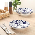 Gibson Home Heritage Sky 4-Piece Pasta Bowl Set, 8 Inch Round Stoneware Bowls, Blue & White Floral Design, Decorative Everyday Use
