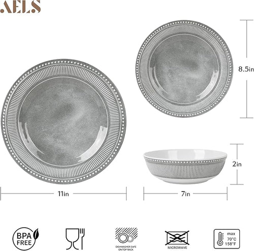 AELS Melamine Dinnerware Set of 12 Pcs, Dinner Dishes Set for Indoor and Outdoor Use, Melamine Plates and Bowls Set for 4, Dishwasher Safe, Lightweight Unbreakable, BPA Free, Gray