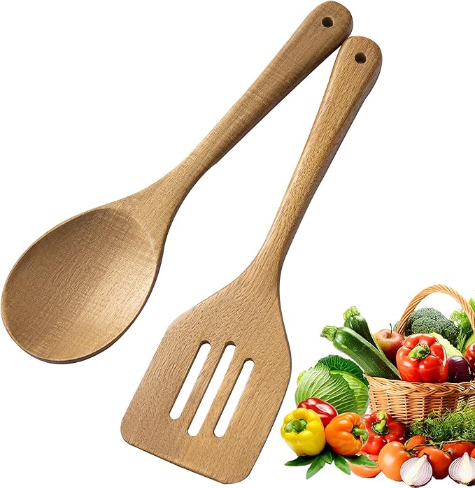 Wooden Serving Spoon and Spatula, Acacia Solid & Slotted Turner Spatula Set