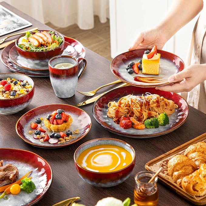 vancasso Starry 16 Pieces Dinnerware Set for 4, Handmade Reactive Glaze Stoneware Plates and Bowls Set, Dishes Set with Mugs for 4, Microwave & Dishwasher Safe, Red