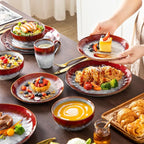 vancasso Starry 16 Pieces Dinnerware Set for 4, Handmade Reactive Glaze Stoneware Plates and Bowls Set, Dishes Set with Mugs for 4, Microwave & Dishwasher Safe, Red