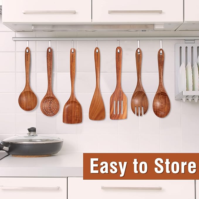 12 Piece Wooden Spoons for Cooking, Wooden Utensils for Cooking with Utensils Holder, Natural Teak Wooden Kitchen Utensils Set with Wooden Spoon Rest, Comfort Grip