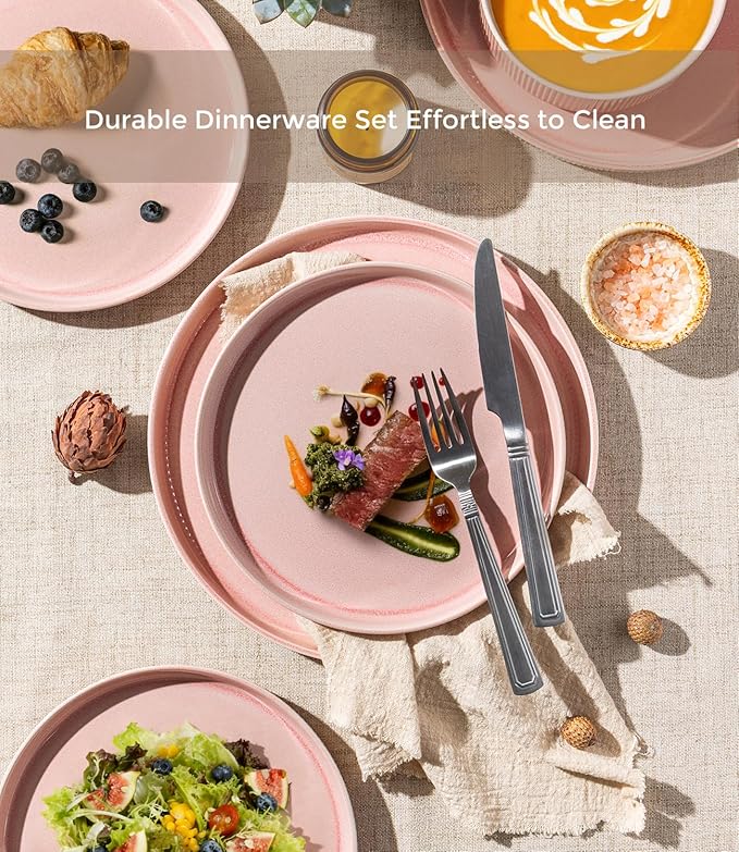 GBHOME 12-Piece Stoneware Dinnerware Set for 4 – Ribbed Ceramic Plates and Bowls, Scratch-Resistant, Microwave & Dishwasher Safe, Reactive Glaze, Blush Veil