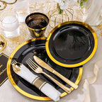 YOUBET 350PCS Black and Gold Plastic Plates - Gold Disposable Dinnerware Sets for 50 Guests - 100 Plastic Plates, 150 Gold Silverware, 50 Cups, 50 Pre Rolled Napkins for Party & Wedding Graduation