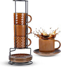 GBhome 6OZ Stackable Coffee Mugs with Stand and Saucer, Ceramic Coffee Mugs Set of 4 with Texture Patterns for Man,Woman,Dad,Mom, Modern Coffee Cups for Latte/Espresso. Dishwasher&Microwave Safe