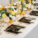 Festiva 350Pcs Black and Gold Plastic Plates-50Guests Disposable Square Black Dinnerware Set include 100 Plastic Plates,50Cups,150Plastic Cutlery,50Napkins for Party &Wedding&New Year