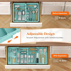 Lifewit Silverware Drawer Organizer, Expandable BPA Free Plastic Utensil Tray for Kitchen, Adjustable Flatware Cutlery Holder for Spoons Forks Knives, 21.3- 36 x 16.9", Turquoise