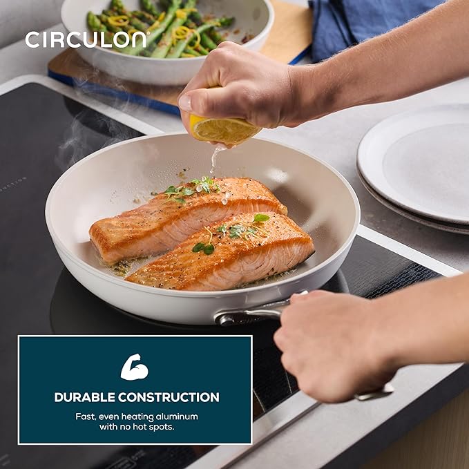 Circulon Halo with LaserDefense Ceramic Nonstick Frying Pan, Compatible with All Stovetops, Made without PFAS, Dishwasher and Oven Safe, 10 Inch Skillet - Pearl White