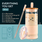 Pandaloo® Glass Cups With Lids and Straws -20 Fl Oz- Perfect Size Iced Coffee Cup - Smoothie Cup With Bamboo Lid and On the go Lid - Glass Tumbler With Straw (1 Count (Pack of 1), Vanilla Cream)