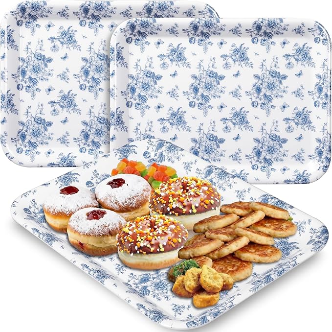 Vesici 3 Pcs Blue Floral Serving Trays 13 x 10 Inch Blue Chinoiserie Flower Melamine Platters Reusable Rectangular Serving Dishes for Wedding Bridal Tea Party Sharing Snacks Fruit Dessert Candy