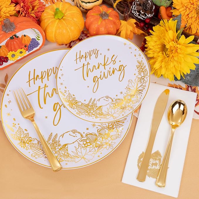 Hioasis 175pcs Thanksgiving Plastic Plates - Elegant Disposable Dinnerware Set Suitable for 25 Guests Include 10.25" Dinner & 7.5" Dessert Plates, Knives,Forks,Spoons, Cups,Napkins for Thanksgiving