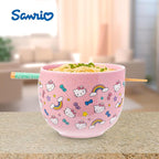 Silver Buffalo Sanrio Hello Kitty Bows Stars Rainbow Pattern Ceramic Ramen Noodle Rice Bowl with Chopsticks, Microwave Safe, 20 Ounces