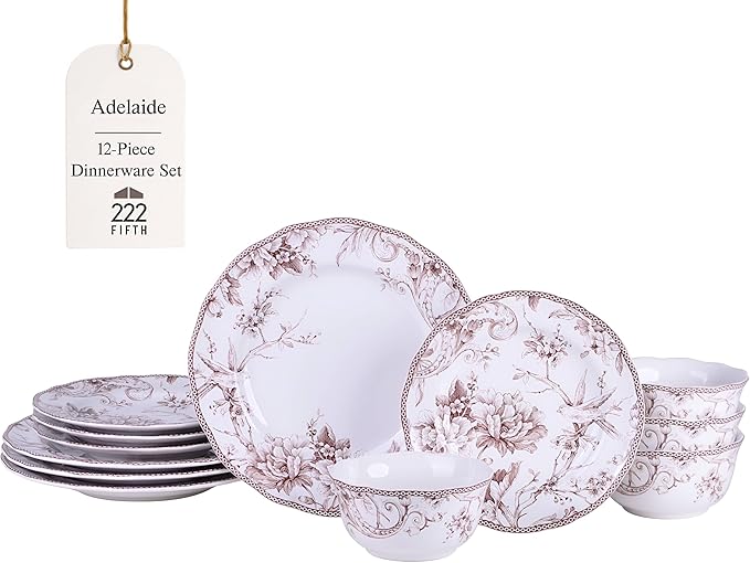 222 Fifth Adelaide Brown on White 12-Piece Dinnerware Set – Service for 4, Big Dinner Plates and Bowls Sets,Durable Porcelain, Microwave and Dishwasher Safe, for Everyday Dining & Entertainment