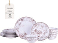 222 Fifth Adelaide Brown on White 12-Piece Dinnerware Set – Service for 4, Big Dinner Plates and Bowls Sets,Durable Porcelain, Microwave and Dishwasher Safe, for Everyday Dining & Entertainment