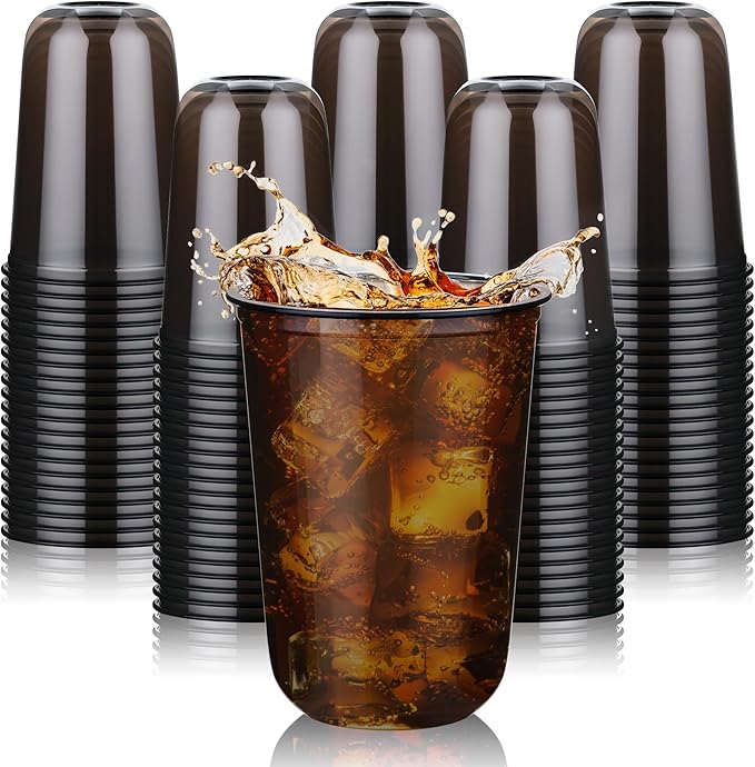 KesaPlan 100 Pcs 16 oz Black Clear Plastic Cups, Disposable Stemless Wine Glasses for Halloween Graduation Party, Round Bottom Plastic Cocktails Cups, Disposable Cold Drinks Cup for Birthday Wedding