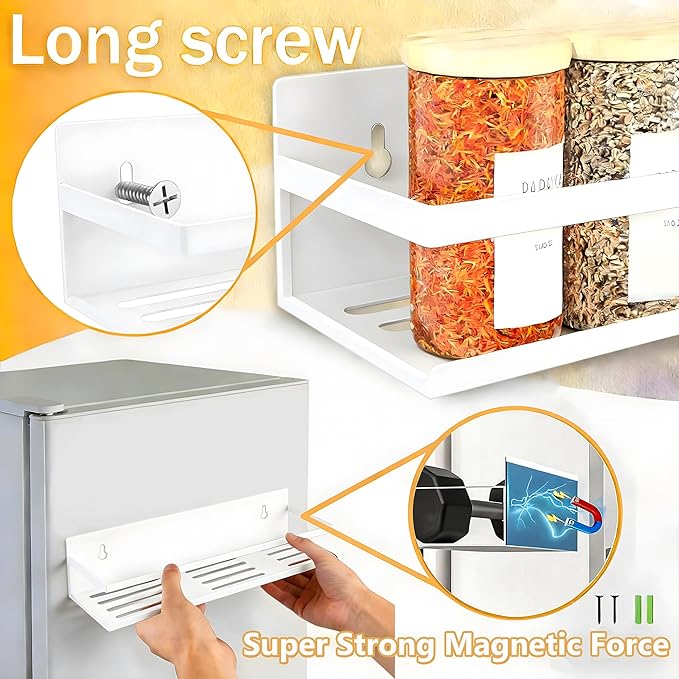 Magnetic Spice Rack for Refrigerator Seasoning Organizer for Spice Fridge Shelf storage Magnetic Shelf with Hook for Oven(6pack) (4Pack-Cut out-white)